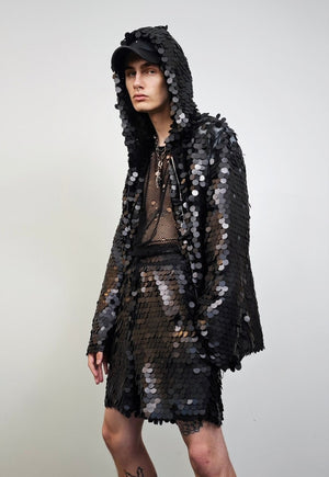 Black sequin jacket hooded shiny mermaid bomber holographic