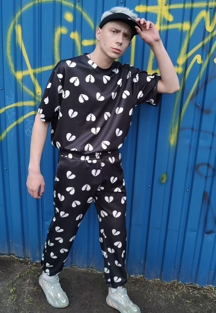 Broken heart joggers handmade Love cartoon overalls black