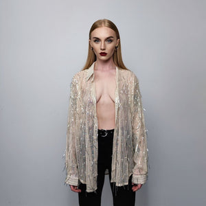 Transparent sequin mesh shirt long sleeve tassels blouse sheer catwalk jumper party see-through top curved shiny festival top in cream