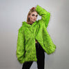 Hooded shaggy faux fur jacket neon bomber bright raver coat fluffy winter fleece luminous festival overcoat burning man fuzzy trench green