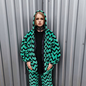 Festival stripe fleece jacket handmade detachable fluffy rave bomber zigzag print faux fur premium geometric top party zebra coat in green