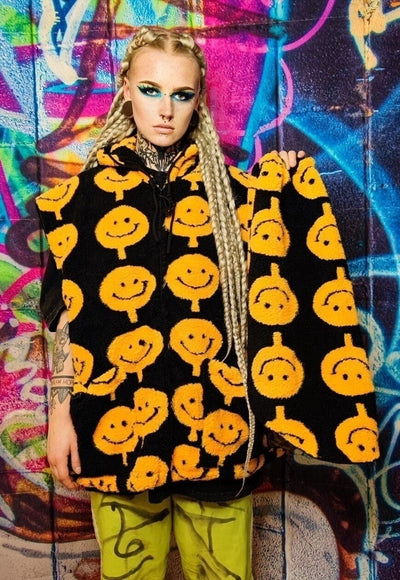 Emoji fleece jacket handmade detachable raver puffer black