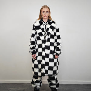 SKA check fur coat plaid long trench chequered gothic overcoat chess pattern bomber festival geometric jacket customizable geometric peacoat