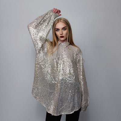 Sequin shirt glitter blouse shiny jumper long sleeve textured top embellished sweat party top button up retro festival top metallic silver