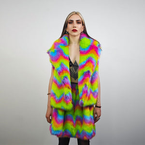 Rainbow faux fur coat crop striped trench festival zigzag jacket furry overcoat carnival bomber party peacoat psycho wide rave fleece Green