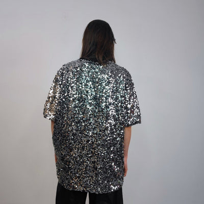 Silver sequin t-shirt glitter top sparkle jumper party pullover glam rock jumper fancy dress embellished going out metallic tee shiny grey