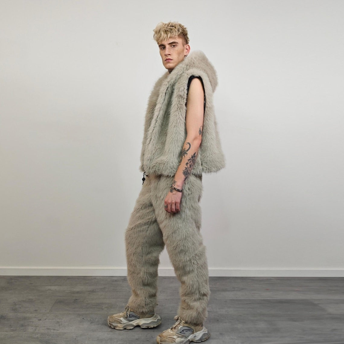 Gray faux fur joggers ski pants shaggy trousers mountain trip bottoms fuzzy winter festival overalls rave fit jumpsuit carnival fleece set