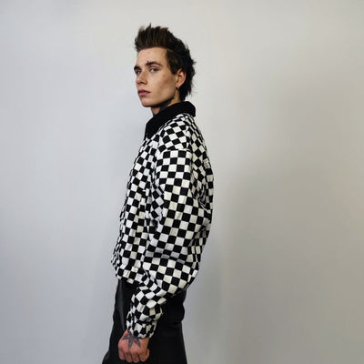 Check print bomber jacket Chequerboard varsity SKA aviator chess pattern coat in black and white