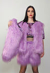 Shaggy fur coat purple collarless cropped festival trench