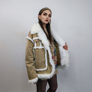 Luxury faux fur finish jacket contrast coat hiking style bomber short fluffy coat festival fleece overcoat gorpcore peacoat beige white