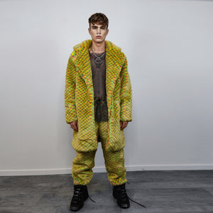 Checked faux fur joggers geometric raver pants fluffy winter trousers skiing fleece overalls festival bottoms neon burning man pants yellow