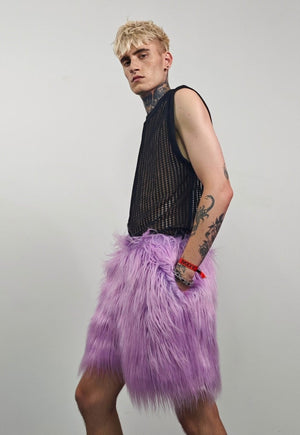 Shaggy fur shorts purple fuzzy cropped festival trousers