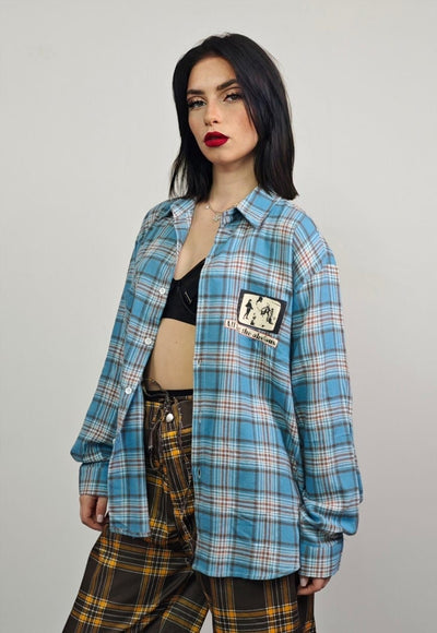 Plaid rocker shirt blue check band print blouse grunge top