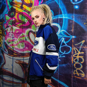 Racing jacket blue motorsports bomber Ford varsity multi patch motorcycle puffer vintage car letterman grunge patchwork F1 coat