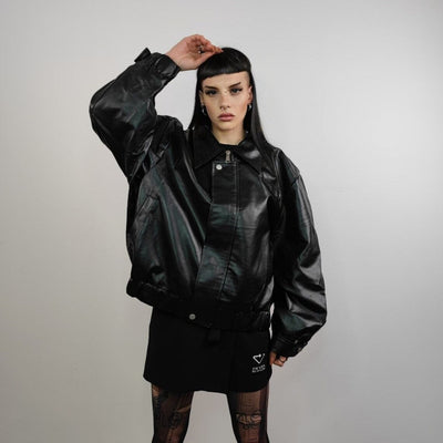 Faux leather aviator jacket PU rocker bomber grunge utility coat unisex premium biker jacket motorcycle coat in black