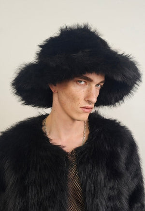 Faux fur bucket hat oversize long hair fisherman cap black