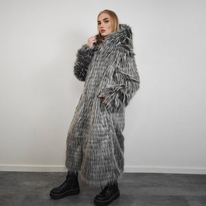 Shaggy fur coat stripe pattern longline collarless trench rocker overcoat long hair bomber festival jacket customizable peacoat grey white