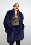 Short shaggy faux fur coat blue cropped fuzzy hair trench