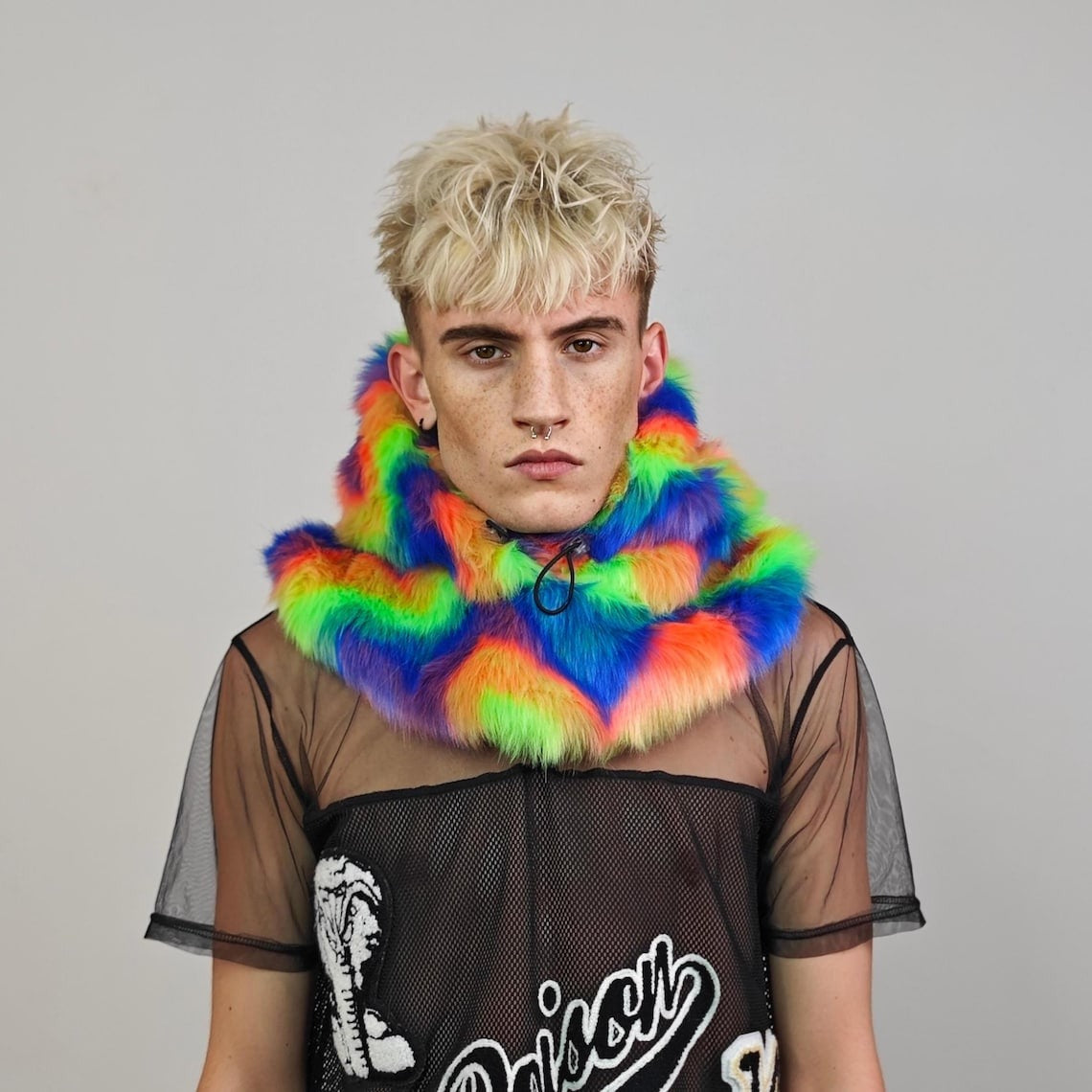 Pink faux fur hood rainbow snood handmade hooded party hat all over fluffy rave fleece scarf burning man striped bucket unicorn headwear