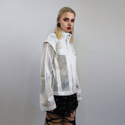 Transparent jacket see-through bomber striped sheer blazer Japanese style catwalk coat party jumper festival Gothic stand collar top white