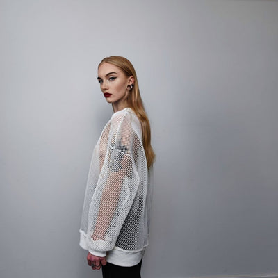 Transparent mesh top long sleeve sheer jumper net sweatshirt see-through punk jumper structured going out party t-shirt catwalk tee in white