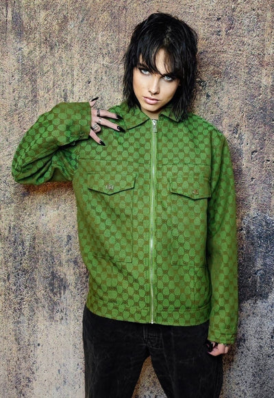 Letter print aviator jacket retro jacquard bomber in green