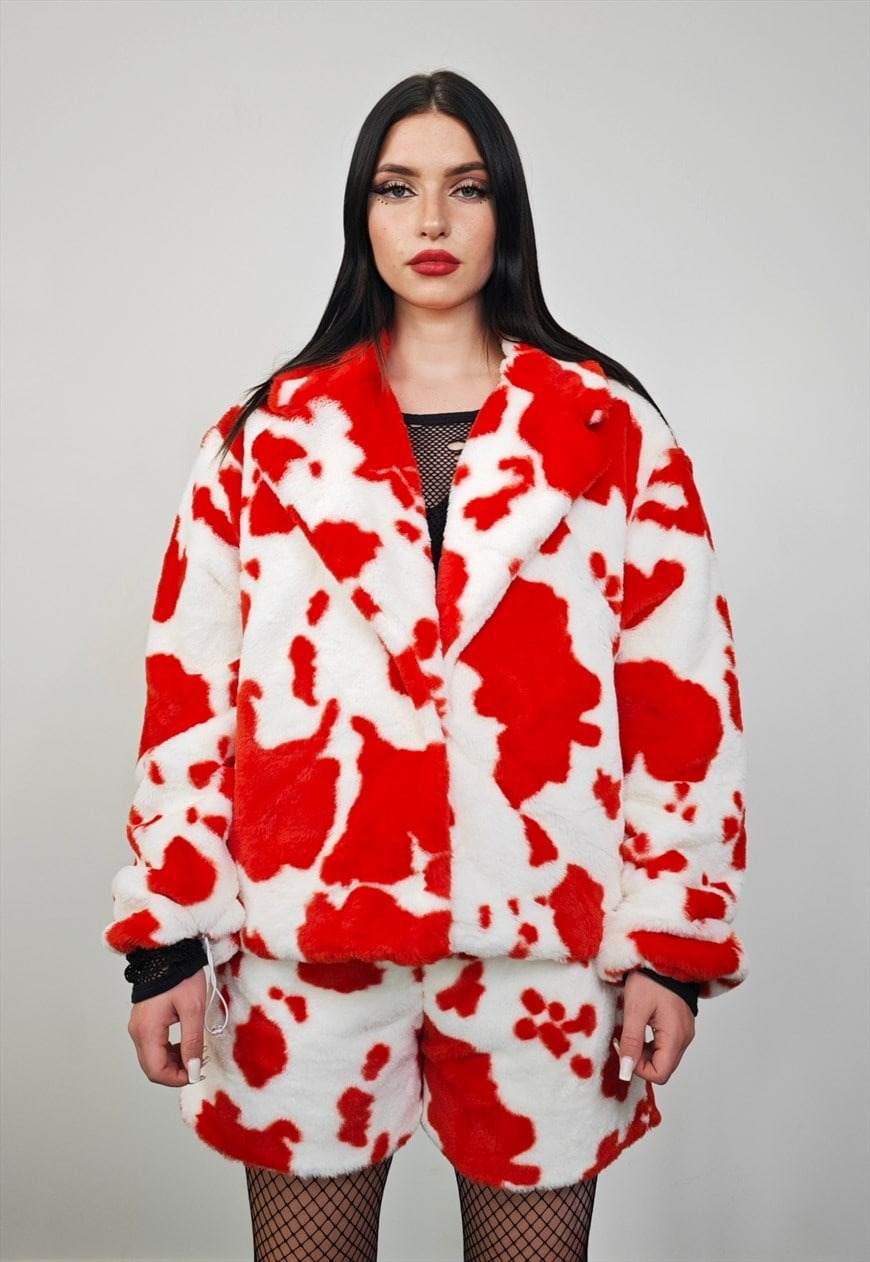 Short cow print coat red cropped animal print trench jacket