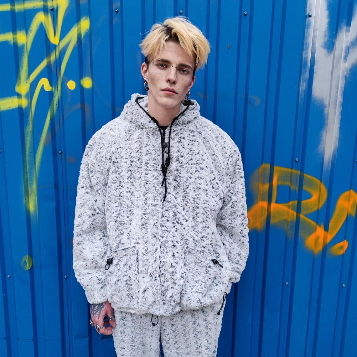 Fluffy fleece joggers grey geometric trousers luxury rose pattern pants handmade party hotpants distressed festival set raver tracksuit