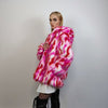 Hooded faux fur striped jacket zebra bomber neon raver coat fluffy tie-dye fleece festival puffer burning man going out overcoat red pink