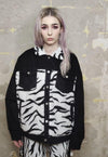 Reworked animal print jacket zebra fleece patch bomber black