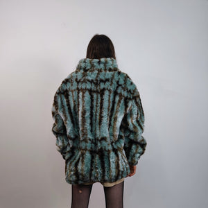 Tie-dye faux fur jacket striped coat grunge fleece imitation bomber short fluffy coat festival overcoat gorpcore sports peacoat green brown