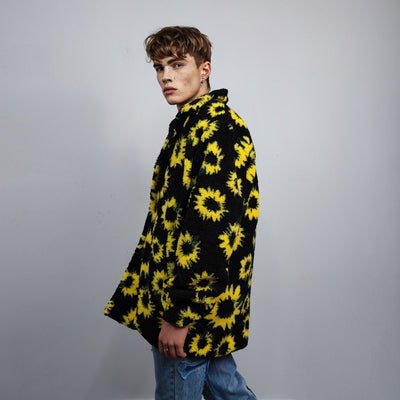 Sunflower fleece coat daisy trench floral pattern overcoat detachable sleeves rave bomber festival party jacket custom peacoat yellow black