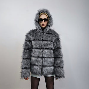 Striped fox fur jacket hooded grey shaggy mink coat fuzzy going out bomber mountain party fleece fancy dress fluffy peacoat rocker overcoat