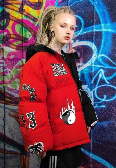 Skeleton puffer split color bomber jacket grunge varsity red