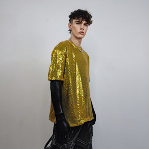 Gold sequin t-shirt glitter top sparkle jumper party pullover glam rock jumper fancy dress embellished going out tee in luminous yellow