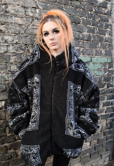 Paisley fleece bomber handmade detachable bandanna jacket