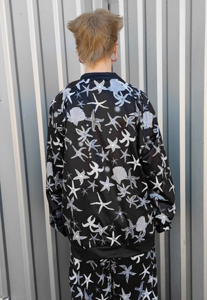 Sea life varsity jacket Ocean print bomber skater coat black