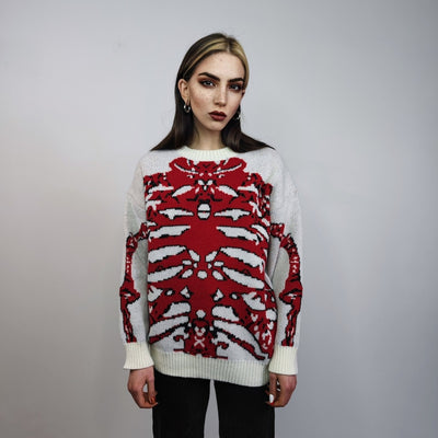 Skeleton sweater knitted bones jumper rib cage knitwear top grunge sweatshirt knit punk rocker pullover in cream red