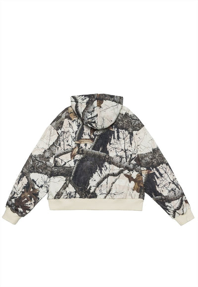 Leaves print crop hoodie jacket forest trees camo pullover