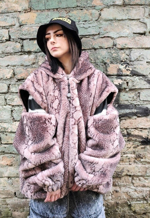 Python faux fur Bomber detachable handmade snake jacket pink