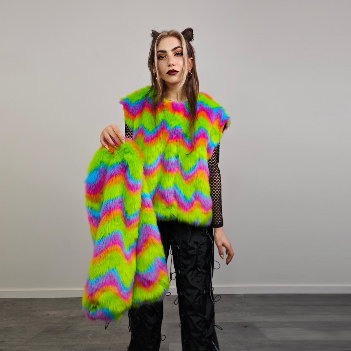 Pink faux fur coat short striped collarless jacket unicorn trench fluffy detachable sleeves handmade festival overcoat burning man fleece