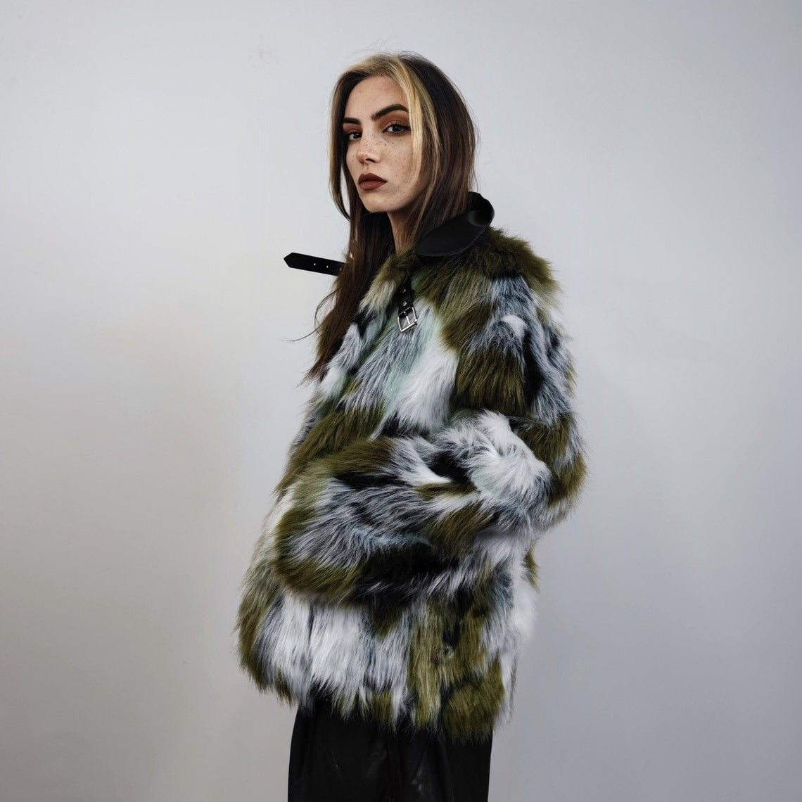 Short jacquard fur jacket green shaggy mink coat fuzzy going out military bomber party fleece fancy dress fluffy peacoat army camo overcoat