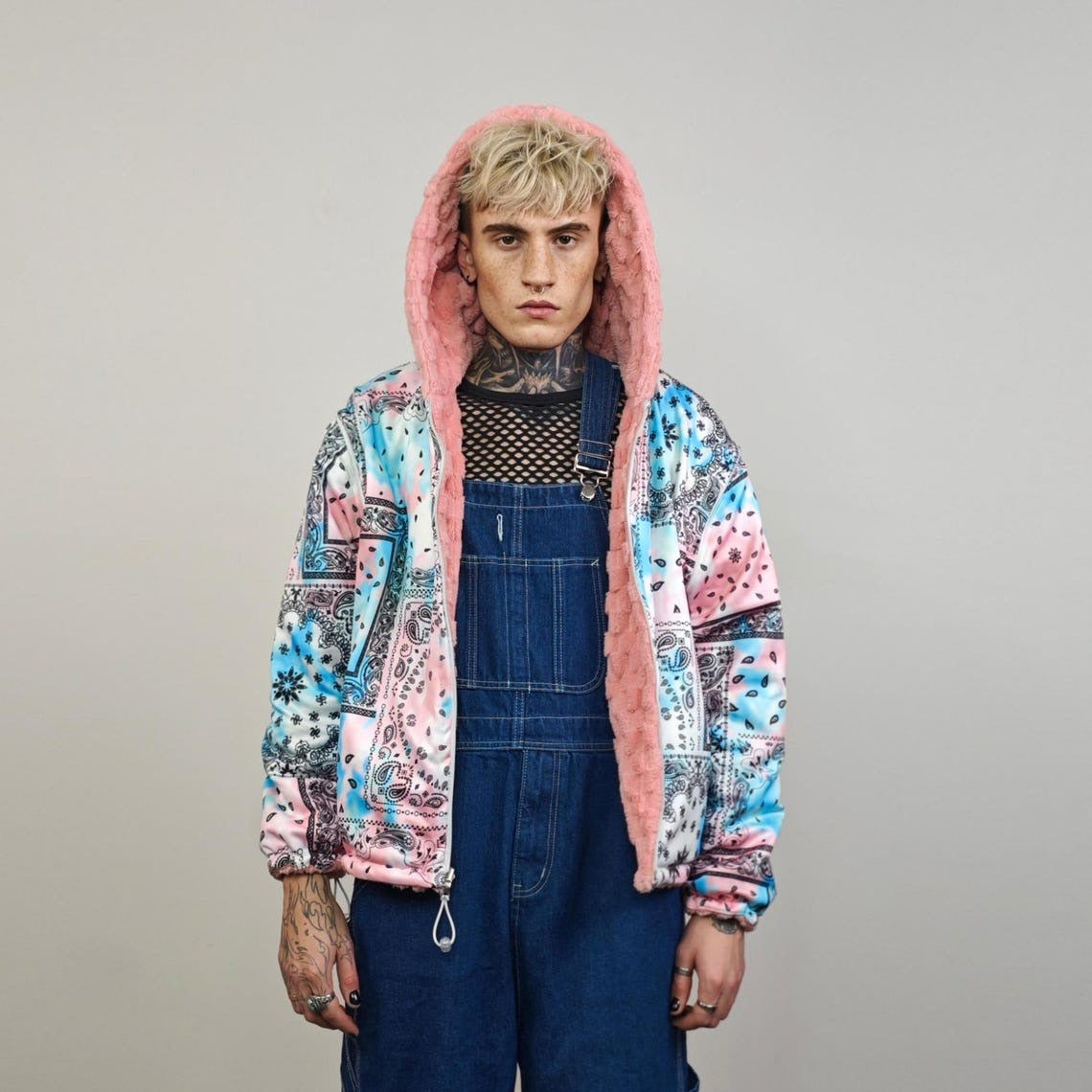 Pink paisley jacket reversible fleece hood bandanna bomber retro geometric cashew coat detachable sleeve overcoat fluffy tiedye festival set