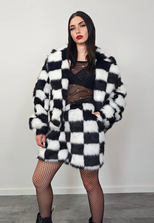 Checked faux fur short coat black plaid fuzzy trench jacket