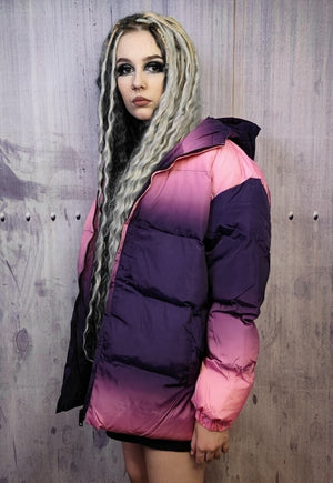 Tie-dye bomber gradient puffer jacket in faded purple pink