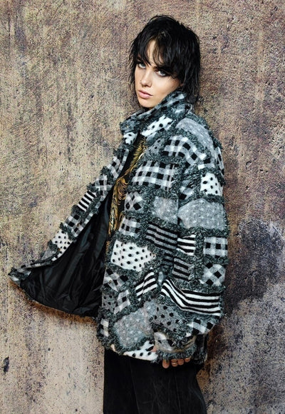 Patched woollen shirt jacket retro check bomber fluffy coat