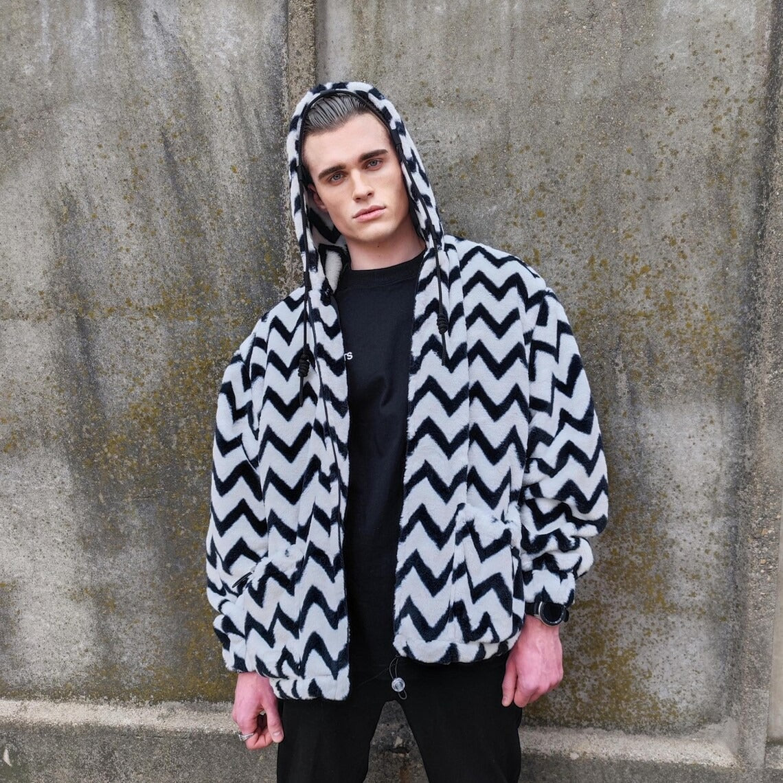 Zigzag fleece jacket hooded geometric bomber luxury grunge coat detachable sleeves handmade stripe pattern overcoat fuzzy festival set white