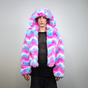 Rainbow faux fur coat crop striped trench festival zigzag jacket furry overcoat carnival bomber party peacoat psycho wide rave fleece pink