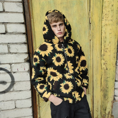 Sunflower hoodie fleece coat daisy jacket floral pattern jumper yellow rave bomber festival party pullover custom peacoat in yellow black