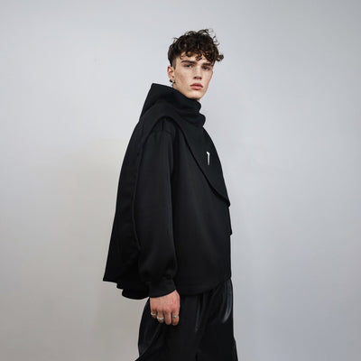 Gothic cape raised neck punk hoodie utility poncho gorpcore cloak asymmetric pullover cyberpunk ninja jumper Japanese Yamamoto sweatshirt